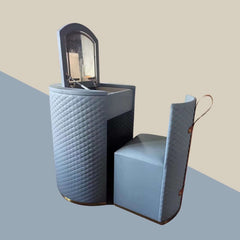 Compact Beige Makeup Vanity Set With Faux Leather & Stool