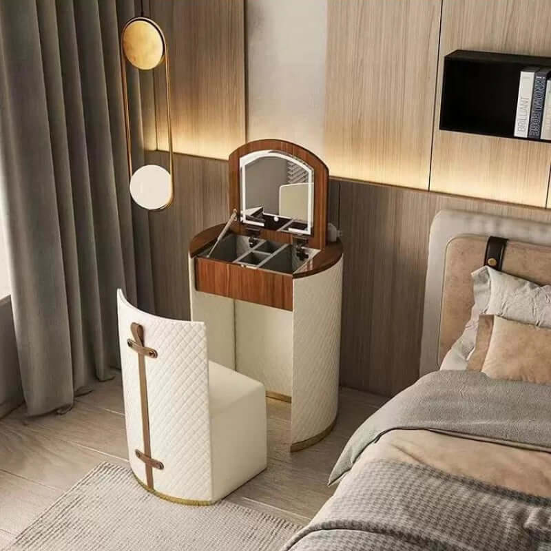 Compact Beige Makeup Vanity Set With Faux Leather & Stool Compact Beige Makeup Vanity Set With Faux Leather & Stool