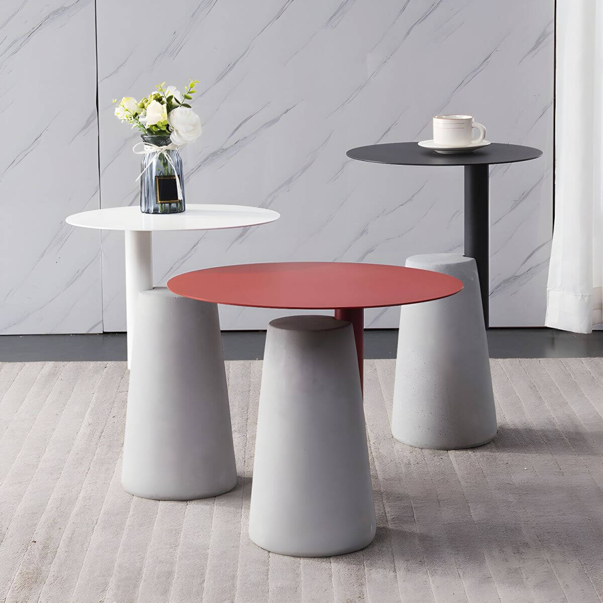 Concrete Pedestal Round Side Table with Metal Top in Modern Industrial Style