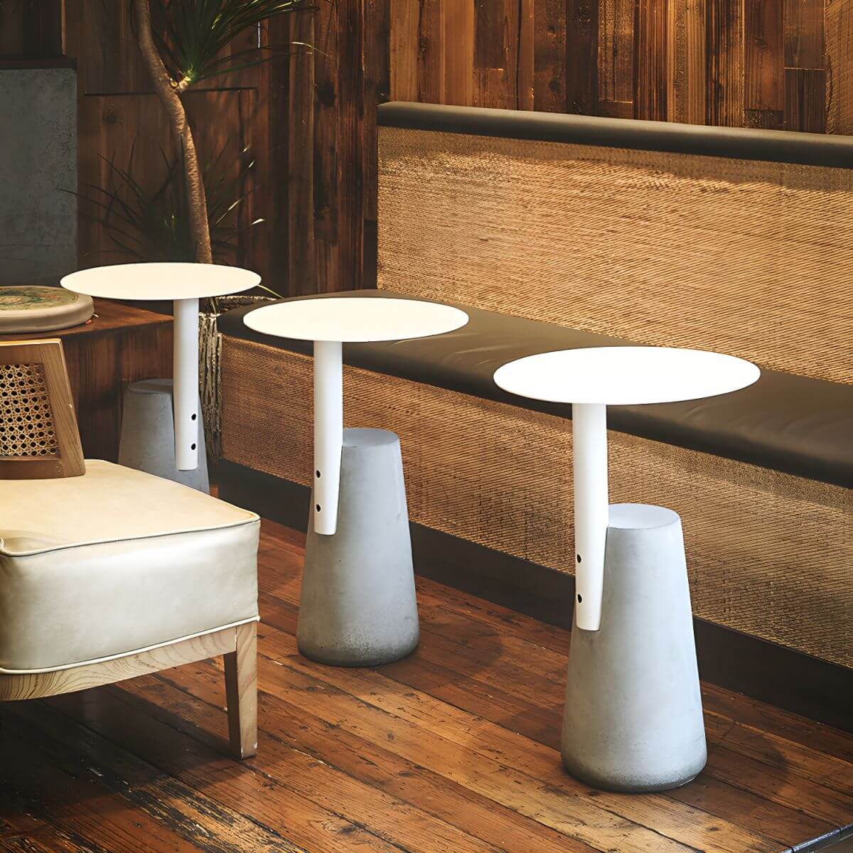 Concrete Pedestal Round Side Table with Metal Top in Modern Industrial Style