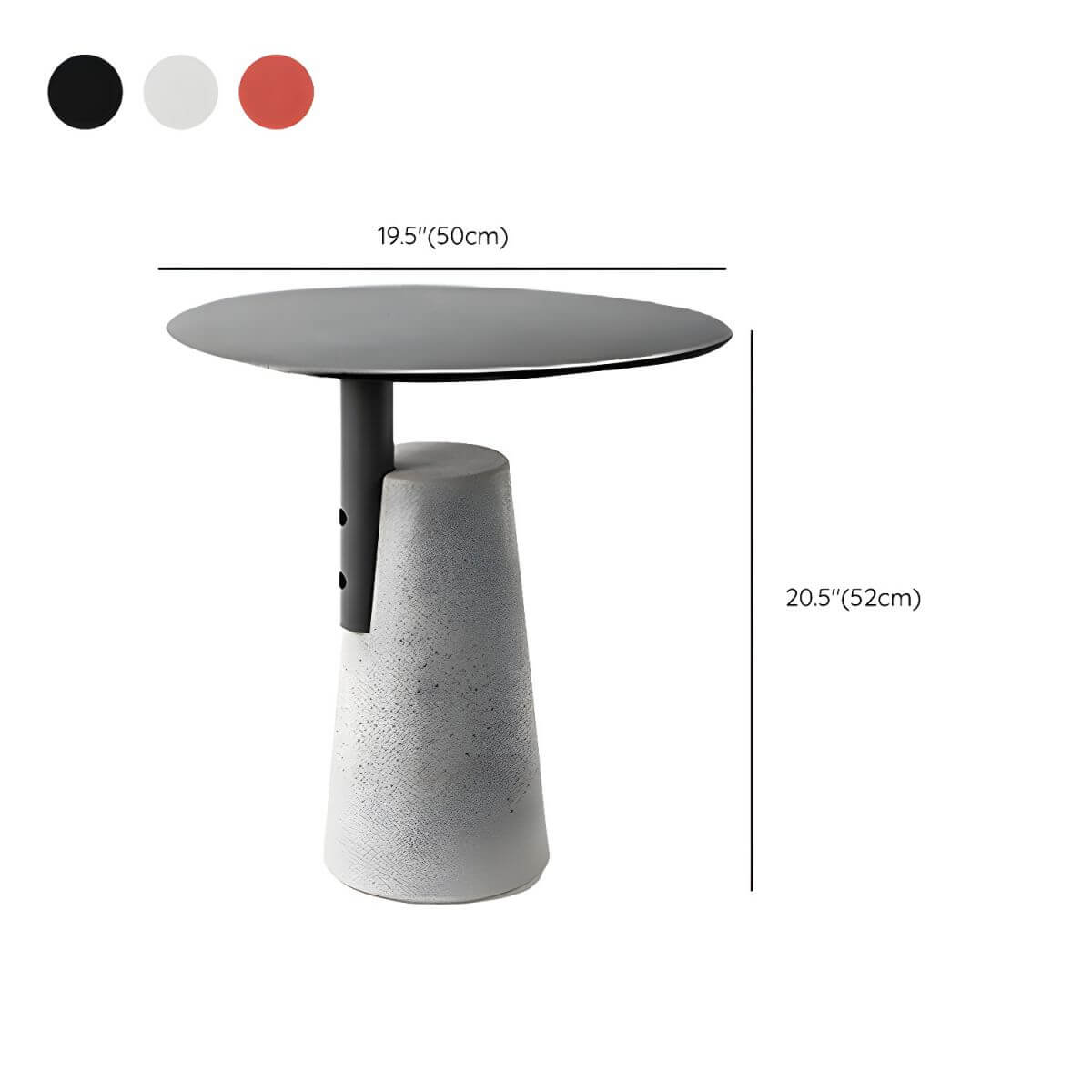 Concrete Pedestal Round Side Table with Metal Top in Modern Industrial Style Dimensions