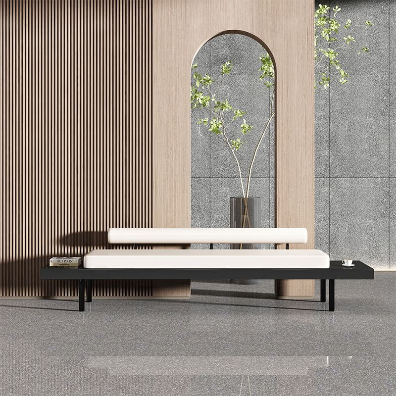 Contemporary Beige Fabric Bench with Black Metal Frame and Stone Accents