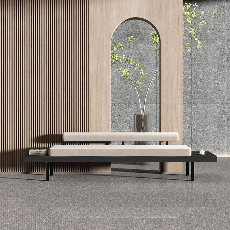 Contemporary Beige Fabric Bench with Black Metal Frame and Stone Accents