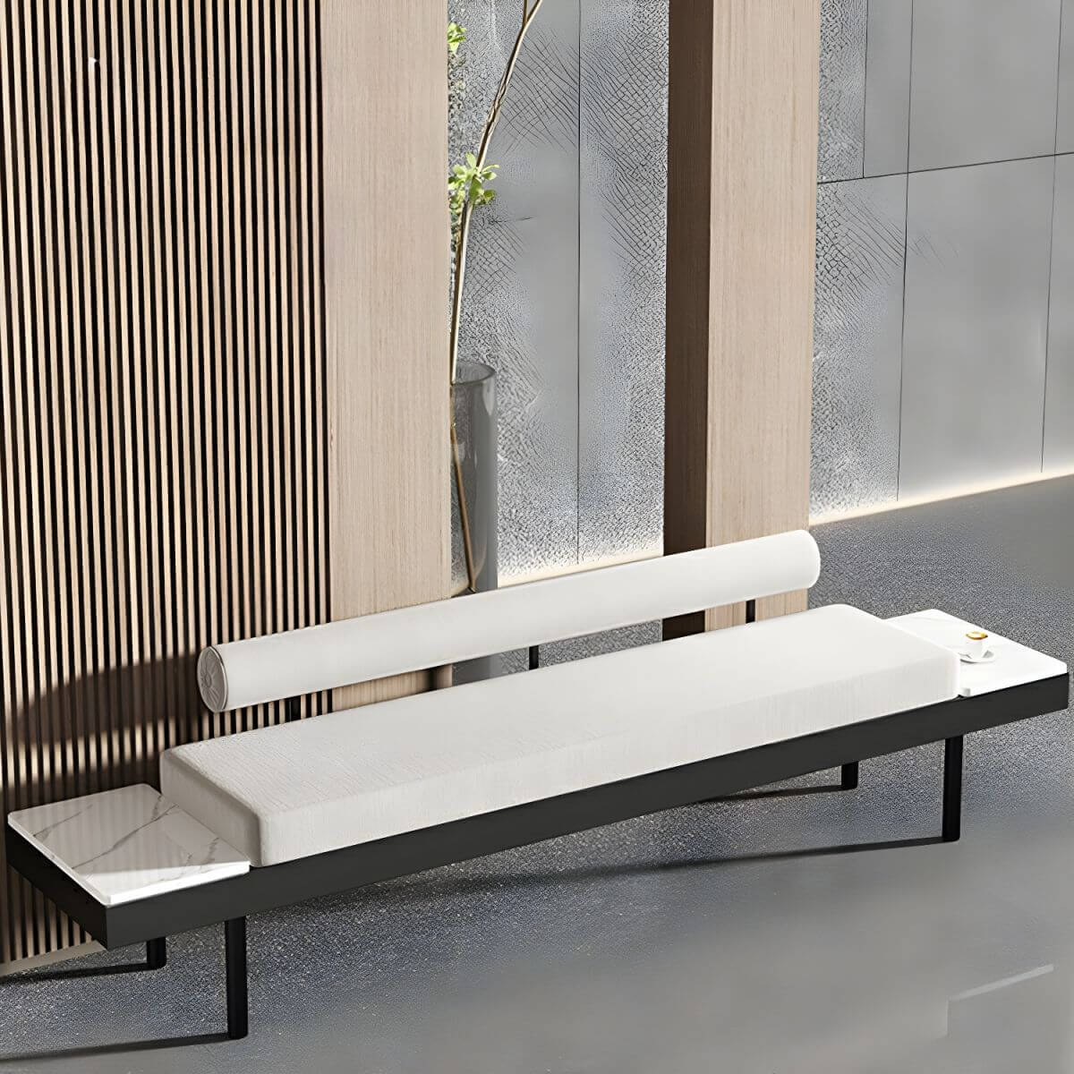 Contemporary Beige Fabric Bench with Black Metal Frame and Stone Accents Main Product Image Main image