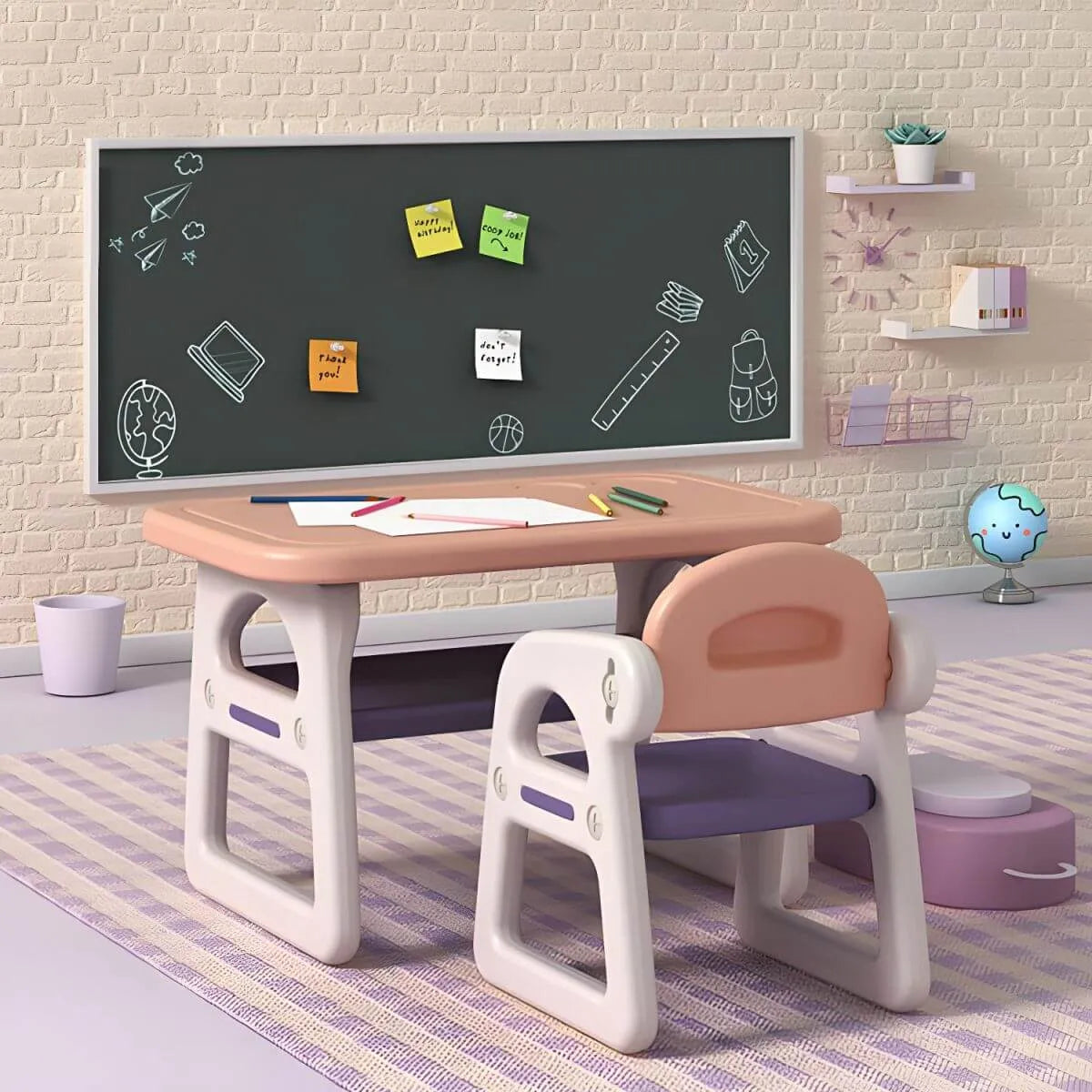 Contemporary Plastic Kids Writing Desk with Chair in Pastel Colors
