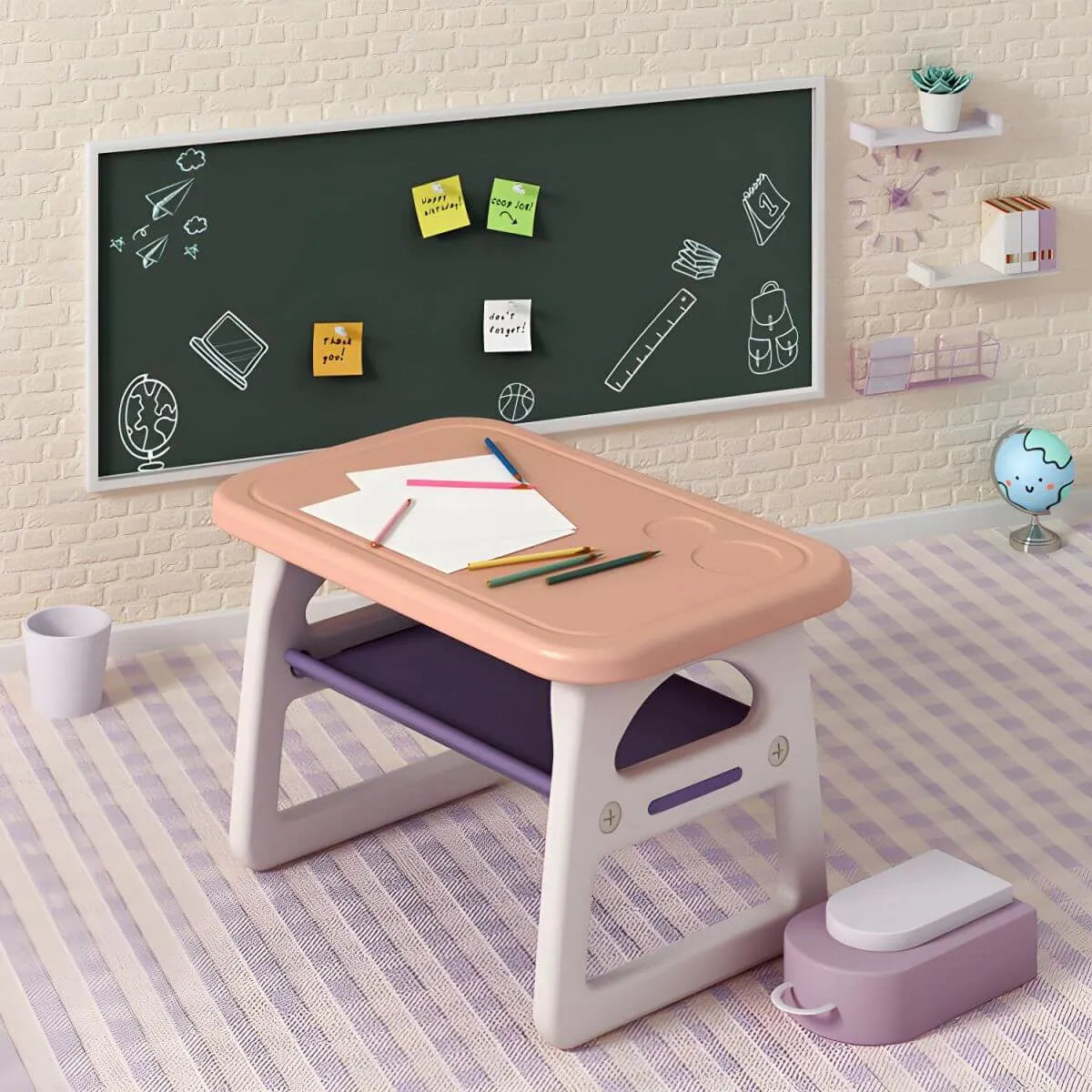 Contemporary Plastic Kids Writing Desk with Chair in Pastel Colors