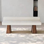 Contemporary Solid-Color Bench in Boucle Upholstery with Sculptural Wooden Frame