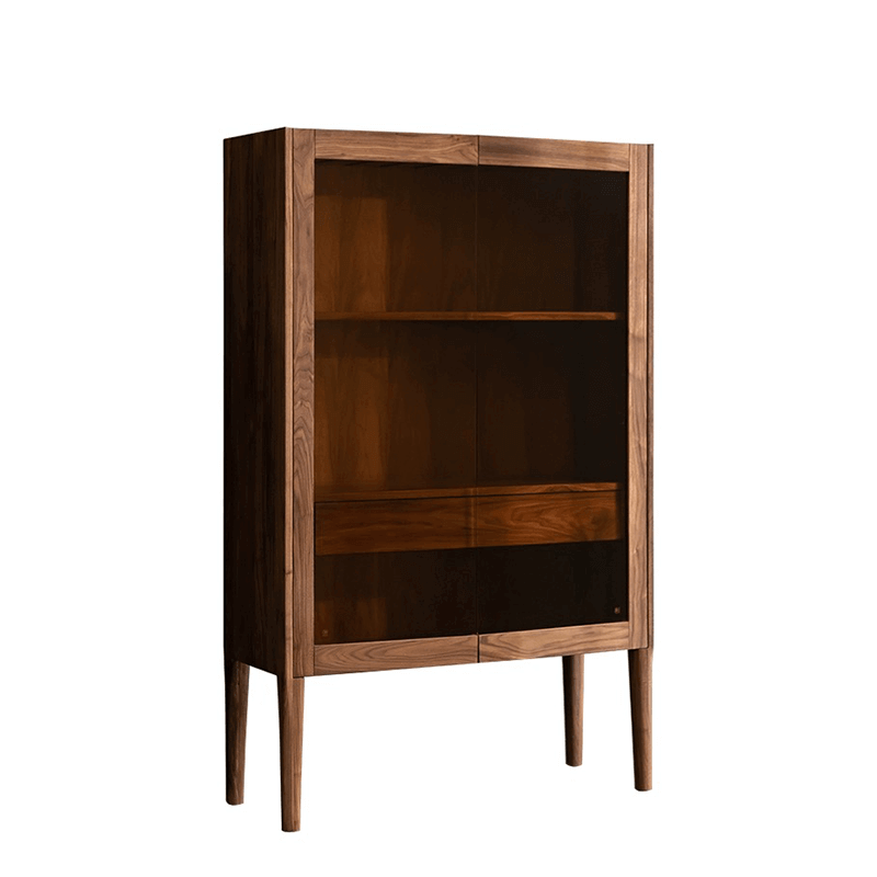 Contemporary Walnut Wood Wine Cabinet With Glass Doors Image secondaire du produit