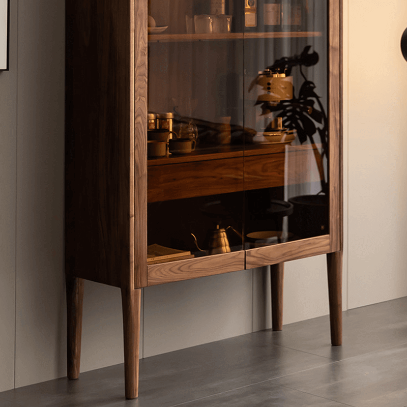Contemporary Walnut Wood Wine Cabinet With Glass Doors