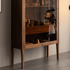 Contemporary Walnut Wood Wine Cabinet With Glass Doors