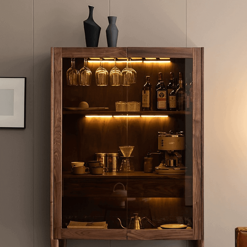 Contemporary Walnut Wood Wine Cabinet With Glass Doors