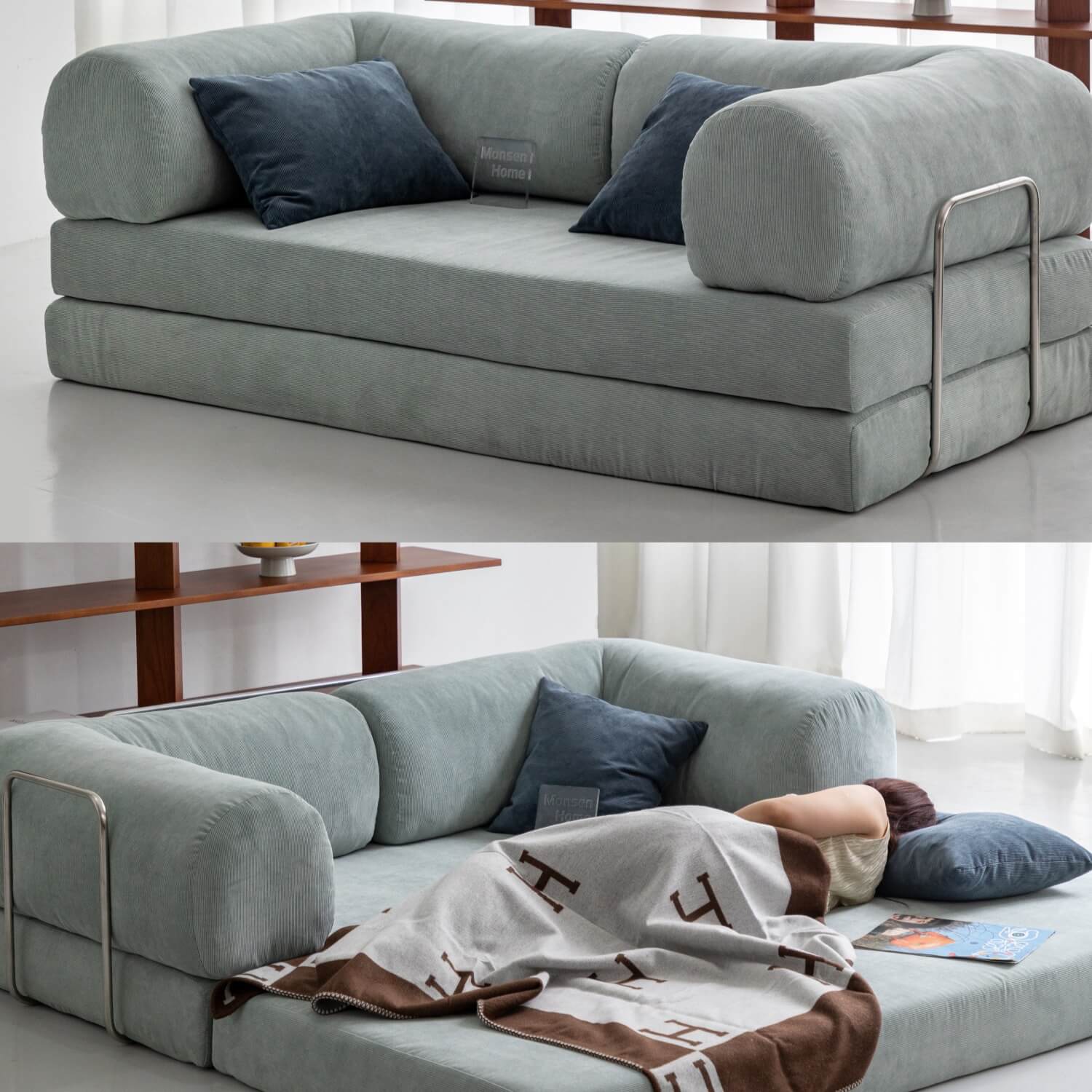 Convertible corduroy frameless sofa bed with modular foldable base