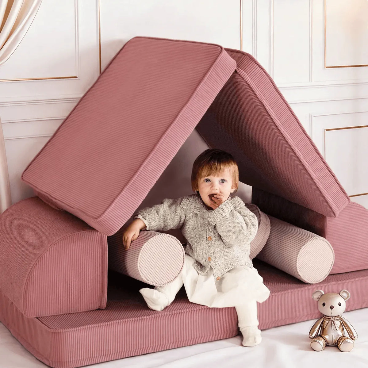 Corduroy Modular Play Sofa with Soft Rounded Blocks and Convertible Layouts