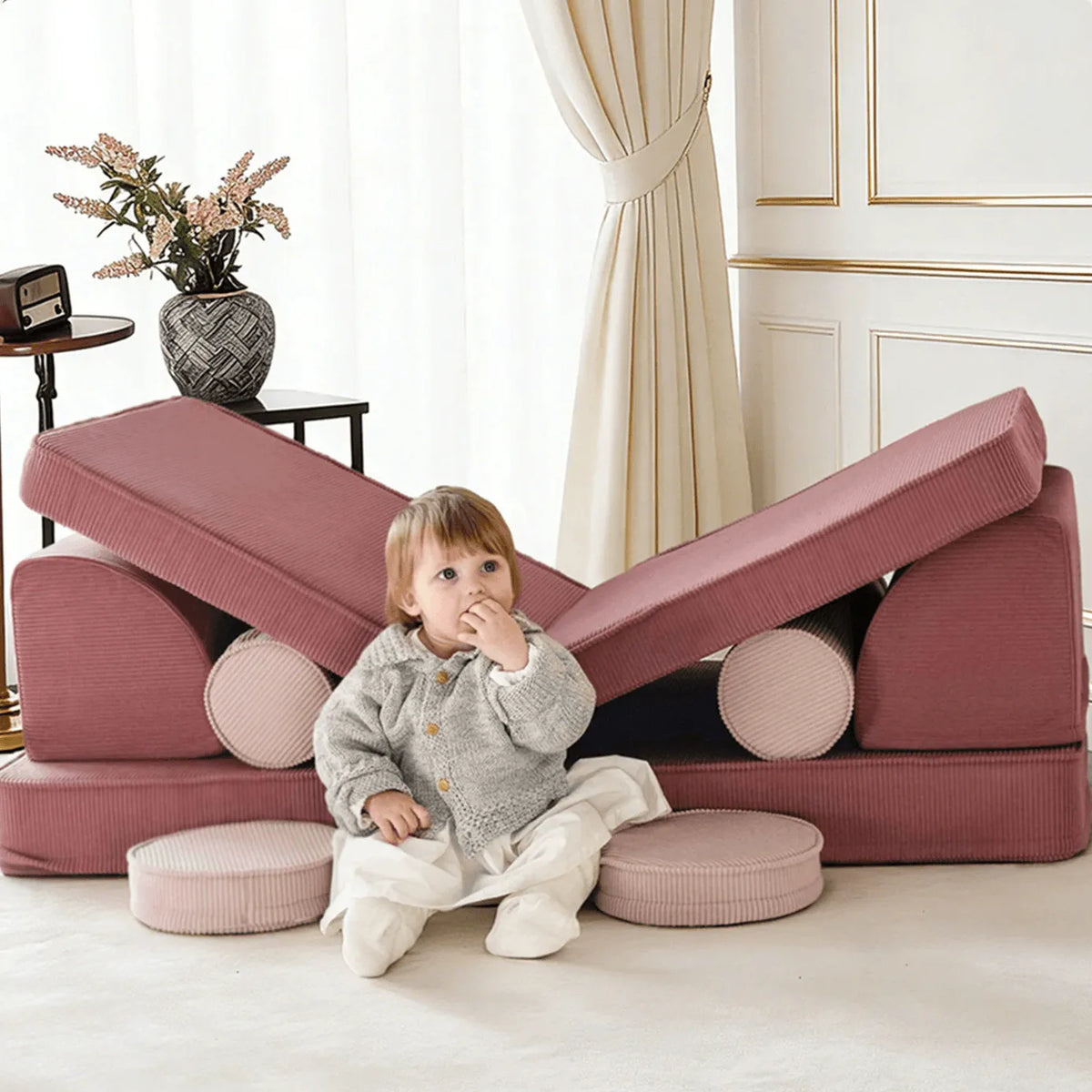 Corduroy Modular Play Sofa with Soft Rounded Blocks and Convertible Layouts