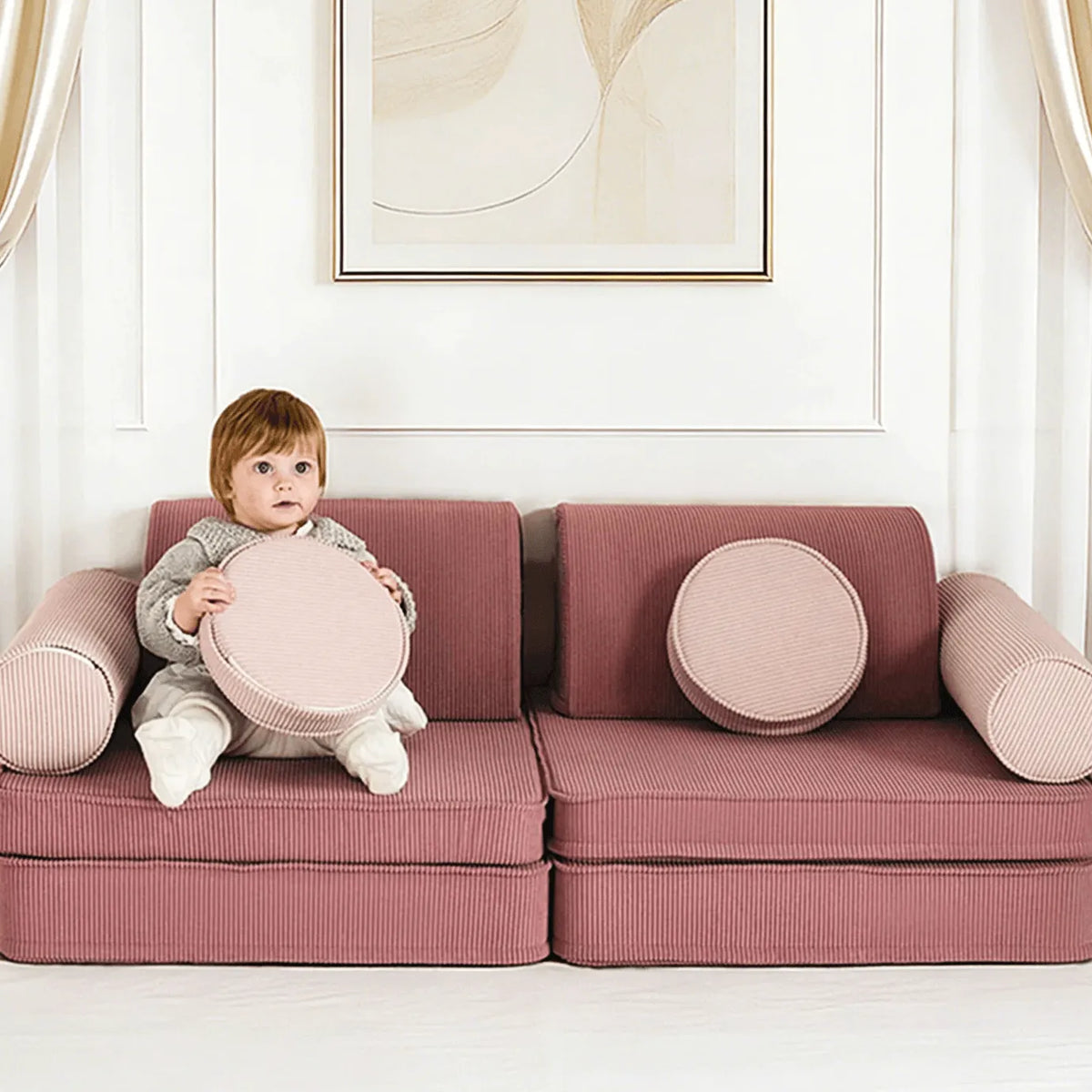 Corduroy Modular Play Sofa with Soft Rounded Blocks and Convertible Layouts