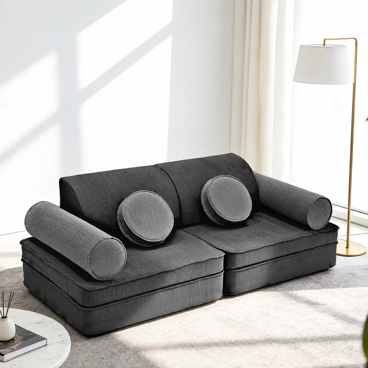 Corduroy Modular Play Sofa with Soft Rounded Blocks and Convertible Layouts