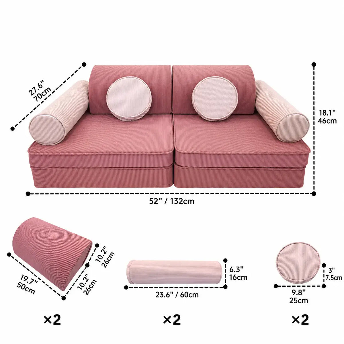 Corduroy Modular Play Sofa with Soft Rounded Blocks and Convertible Layouts Dimensions