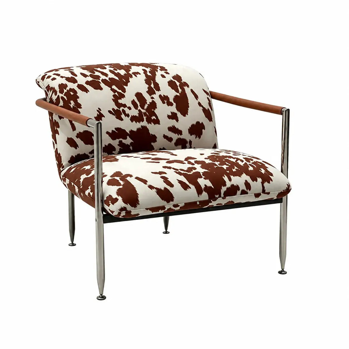 Cow Print Accent Lounge Chair with Stainless Steel Frame and Wood Arms