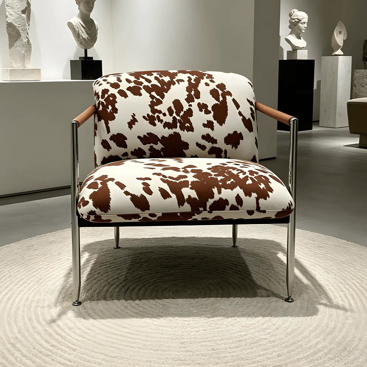 Cow Print Accent Lounge Chair with Stainless Steel Frame and Wood Arms