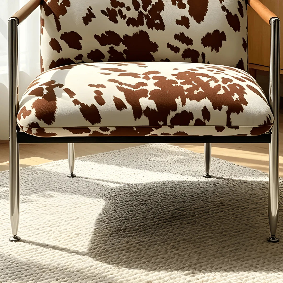 Cow Print Accent Lounge Chair with Stainless Steel Frame and Wood Arms