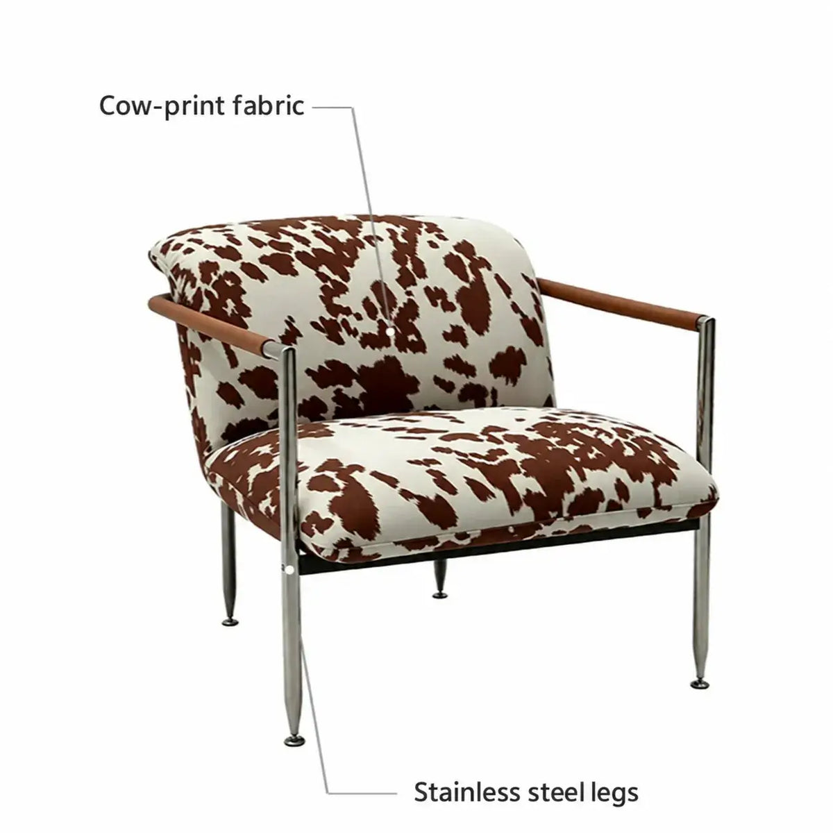 Cow Print Accent Lounge Chair with Stainless Steel Frame and Wood Arms
