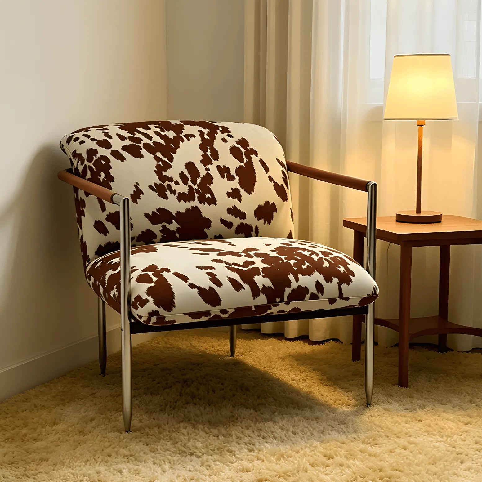 Cow Print Accent Lounge Chair with Stainless Steel Frame and Wood Arms Secondary image