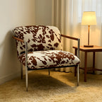 Cow Print Accent Lounge Chair with Stainless Steel Frame and Wood Arms