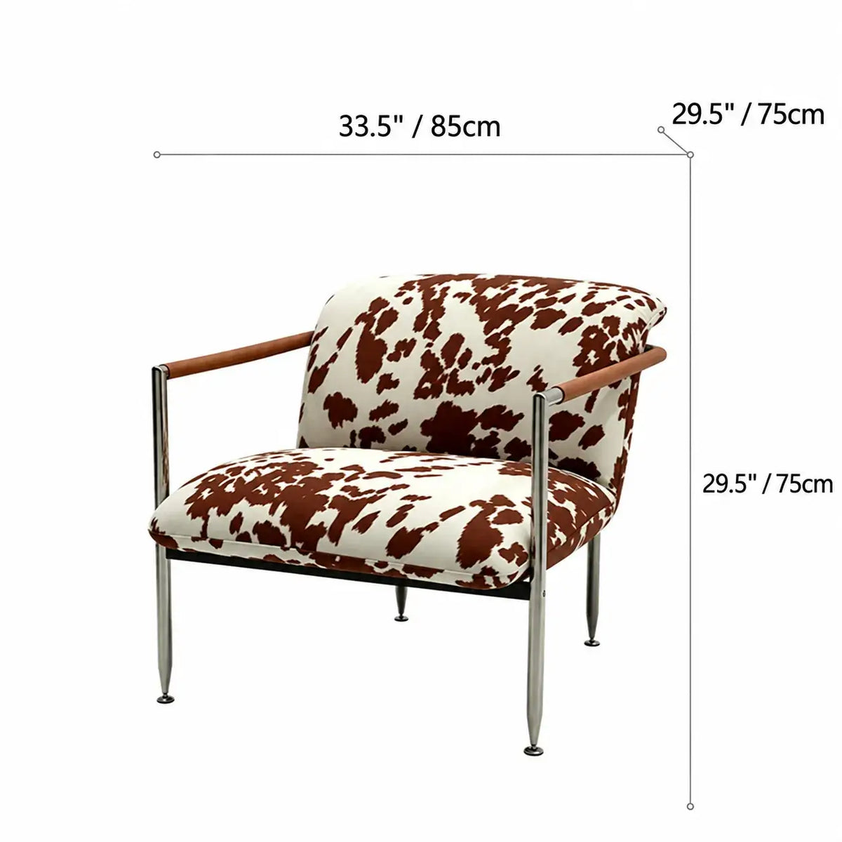 Cow Print Accent Lounge Chair with Stainless Steel Frame and Wood Arms Dimensions