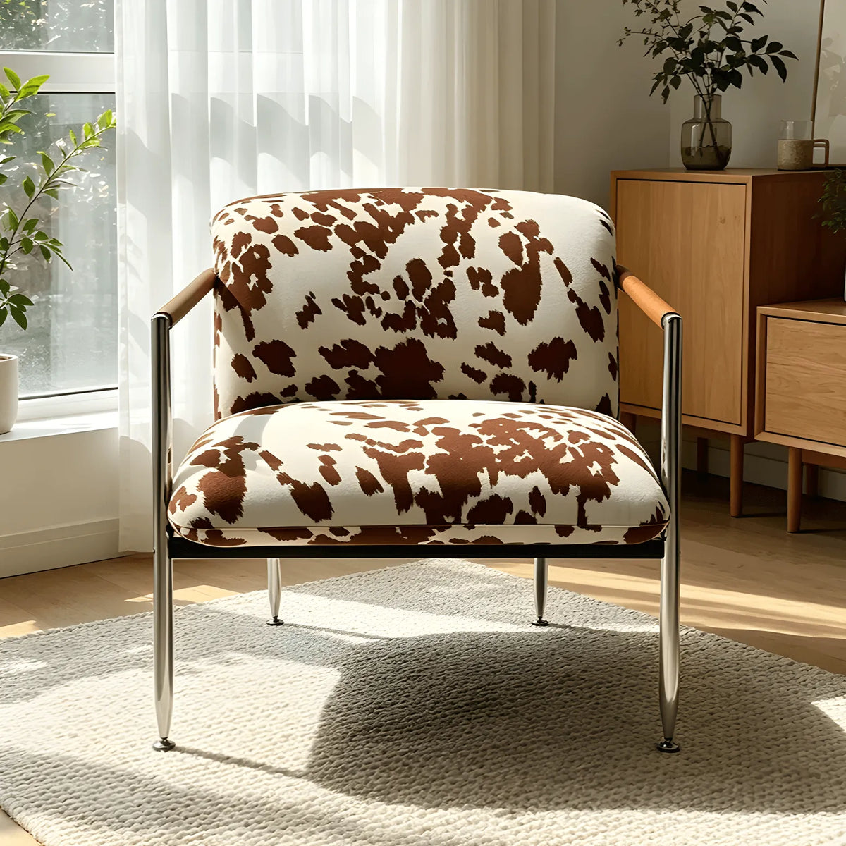 Cow Print Accent Lounge Chair with Stainless Steel Frame and Wood Arms Main Product Image