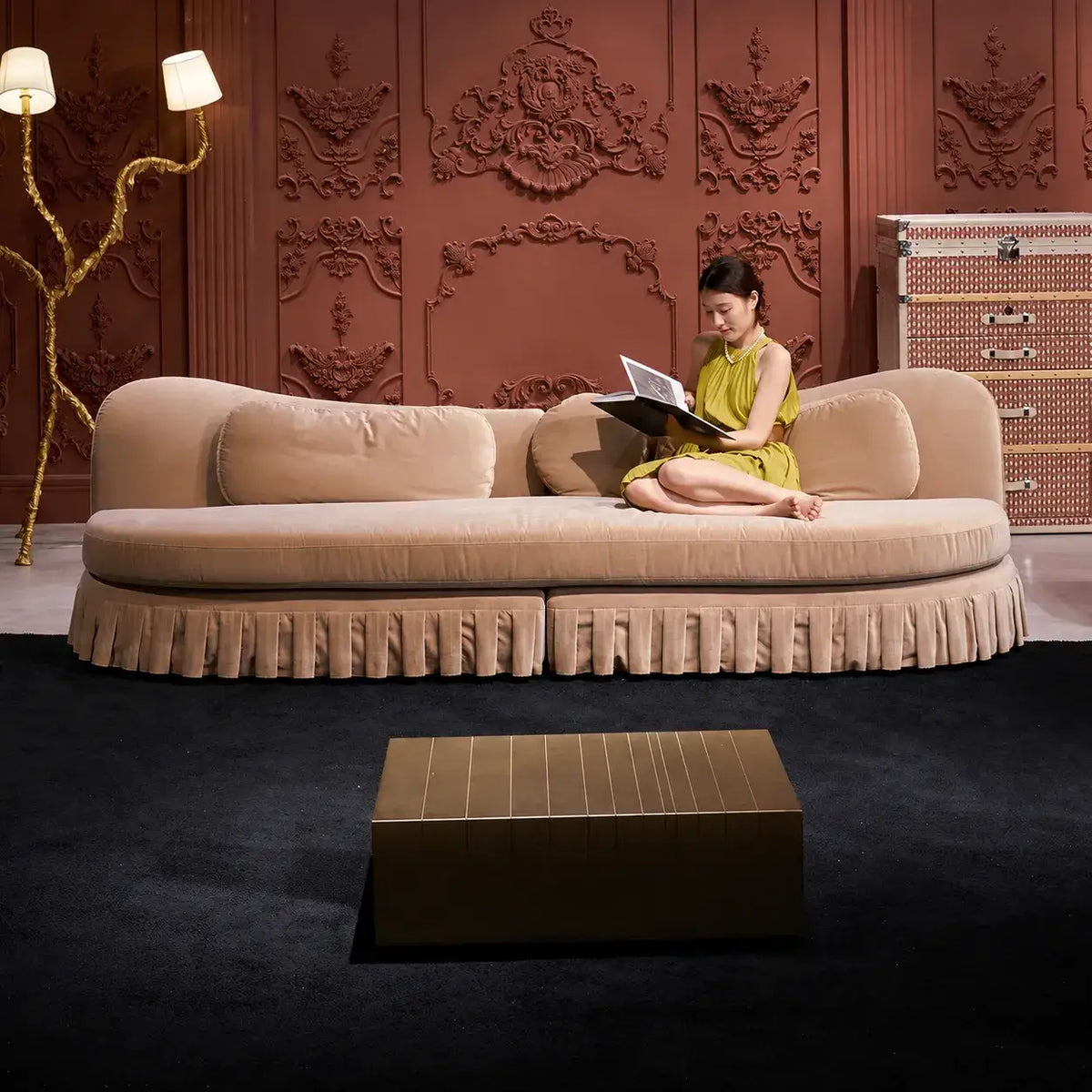 Cream Beige Ruffle Skirt Sofa Series with Curved Shelter Back Main Product Image