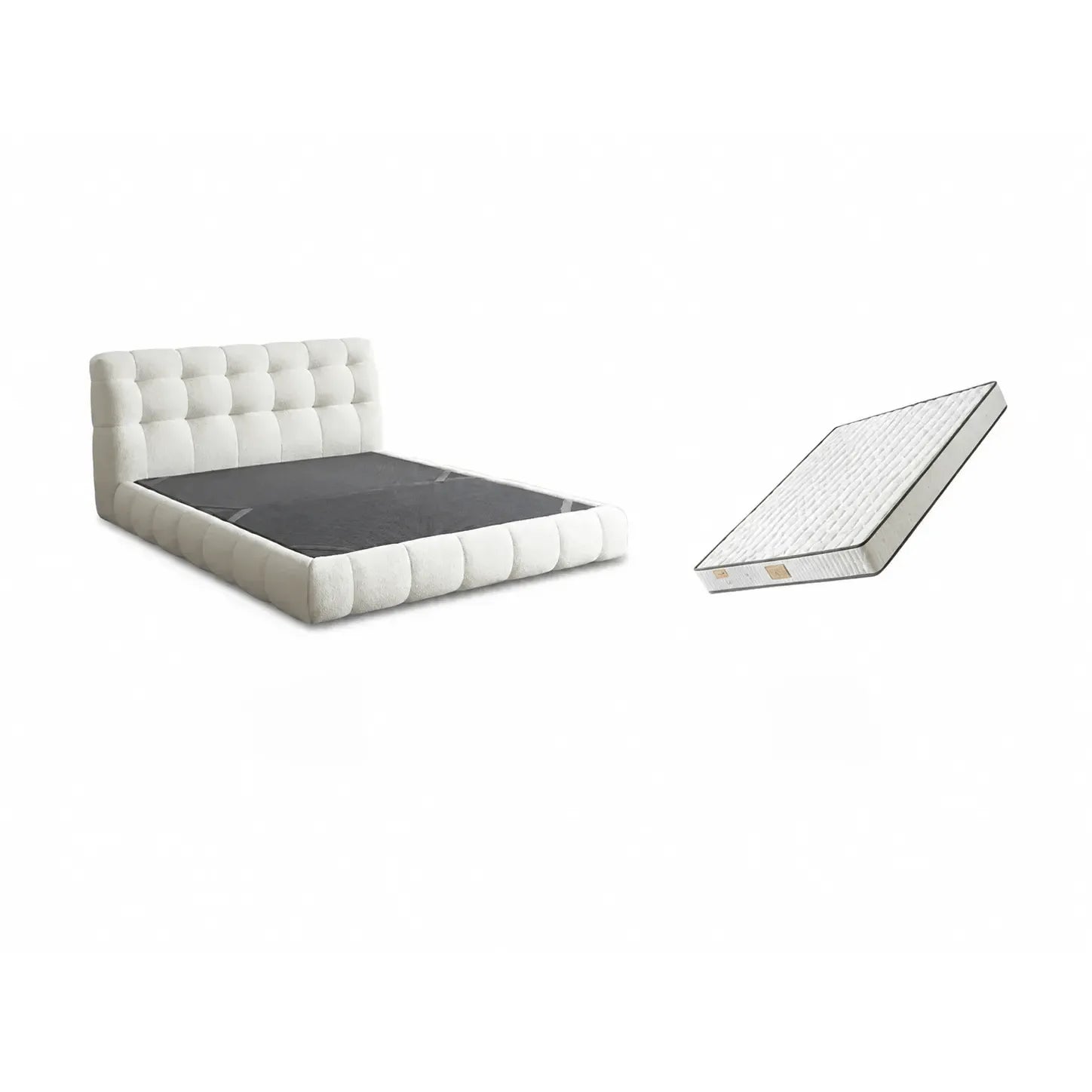 Cream Boucle Bed with Inset Mattress and Rounded Channel Tufting