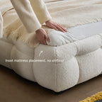 Cream Boucle Bed with Inset Mattress and Rounded Channel Tufting