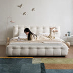 Cream Boucle Bed with Inset Mattress and Rounded Channel Tufting
