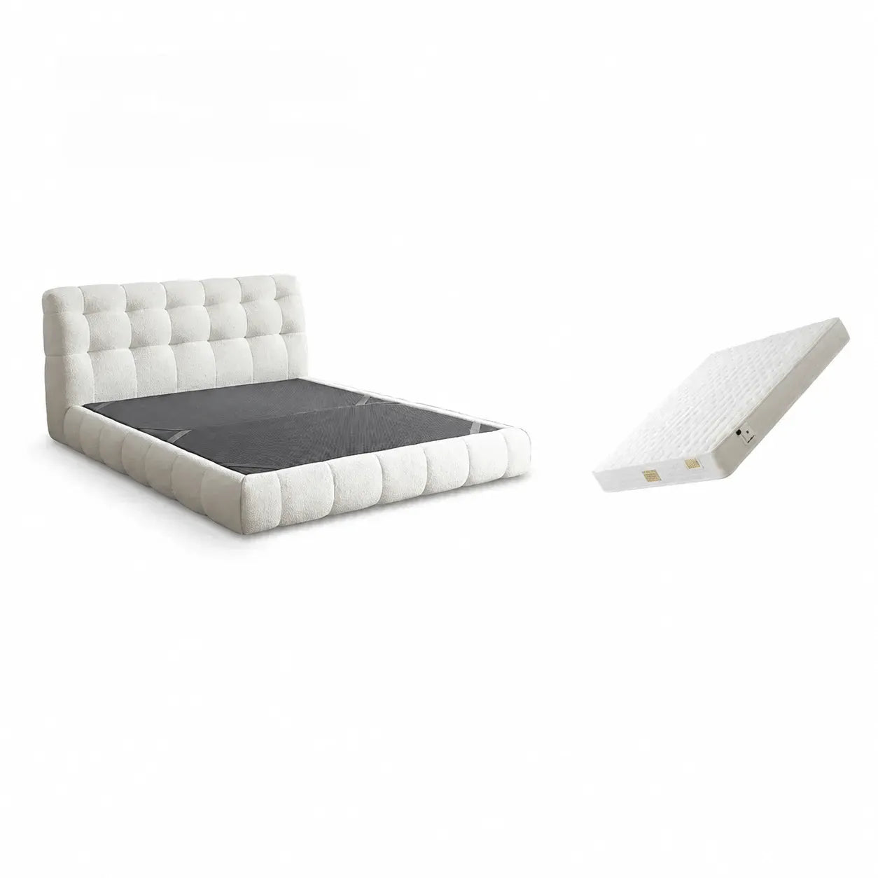 Cream Boucle Bed with Inset Mattress and Rounded Channel Tufting