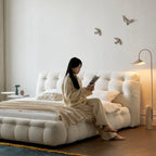 Cream Boucle Bed with Inset Mattress and Rounded Channel Tufting