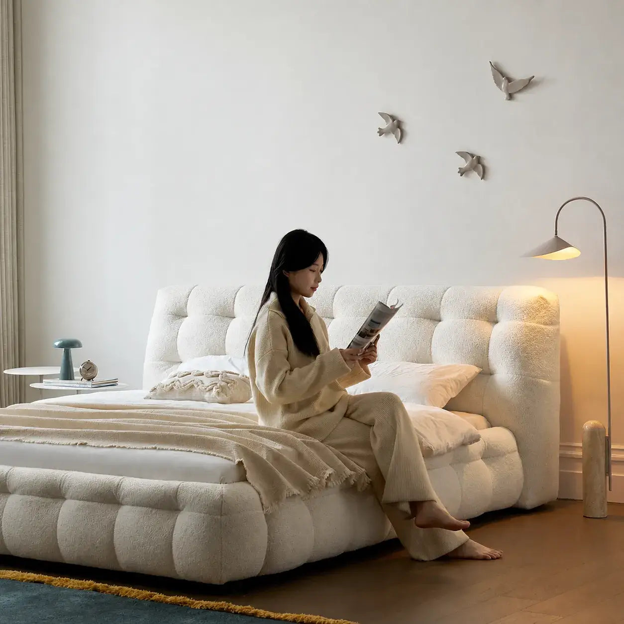 Cream Boucle Bed with Inset Mattress and Rounded Channel Tufting