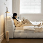 Cream Boucle Bed with Inset Mattress and Rounded Channel Tufting