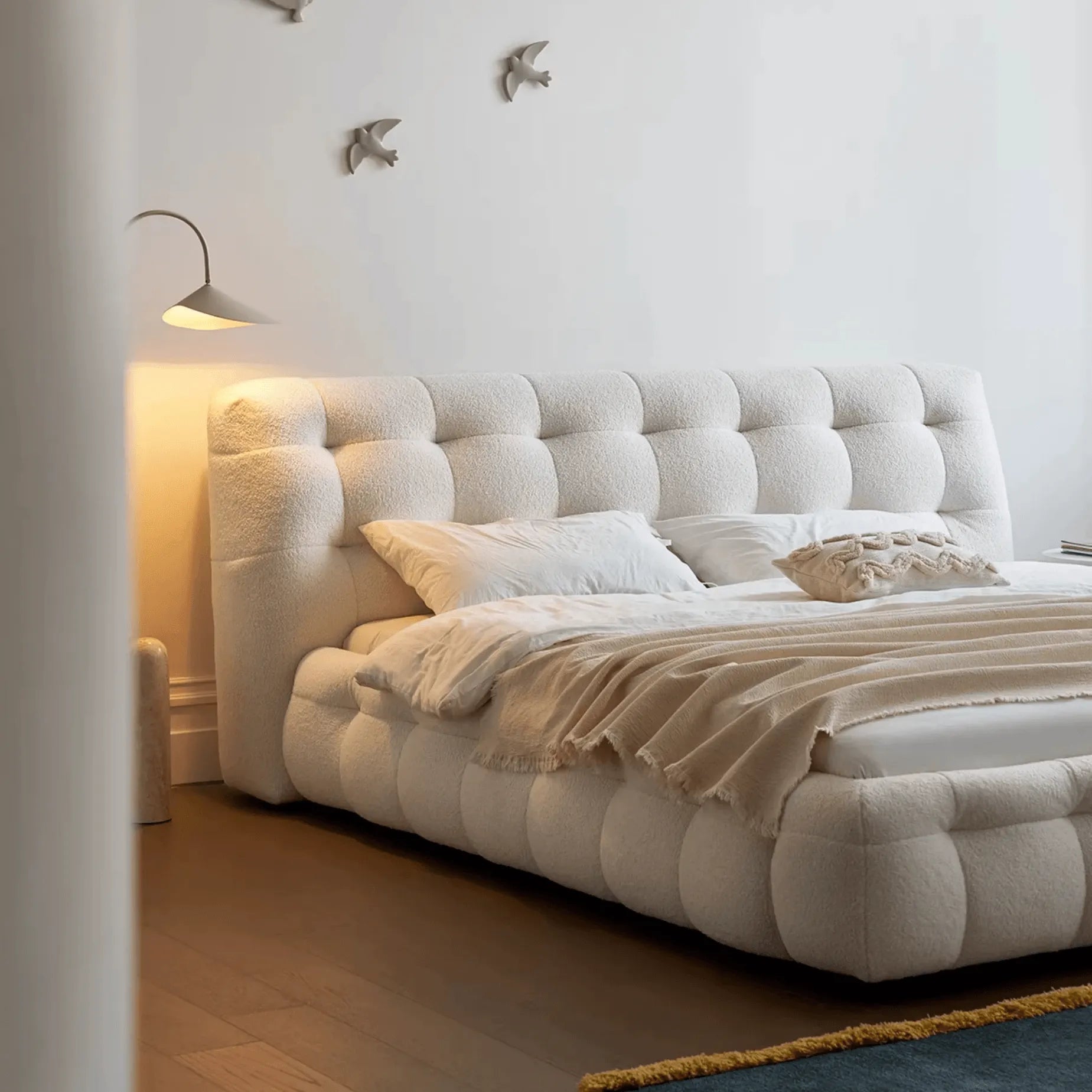 Cream Boucle Bed with Inset Mattress and Rounded Channel Tufting