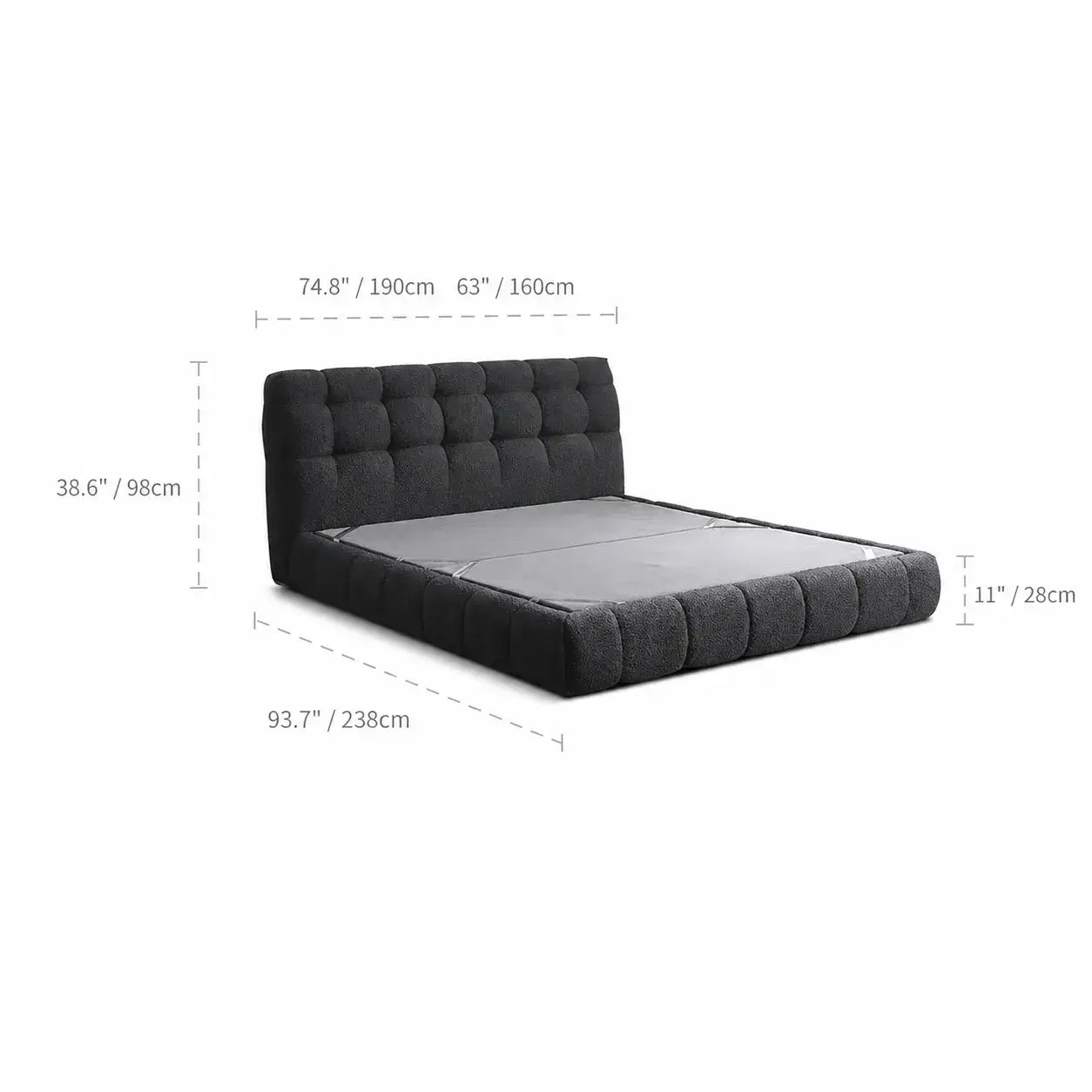 Cream Boucle Bed with Inset Mattress and Rounded Channel Tufting