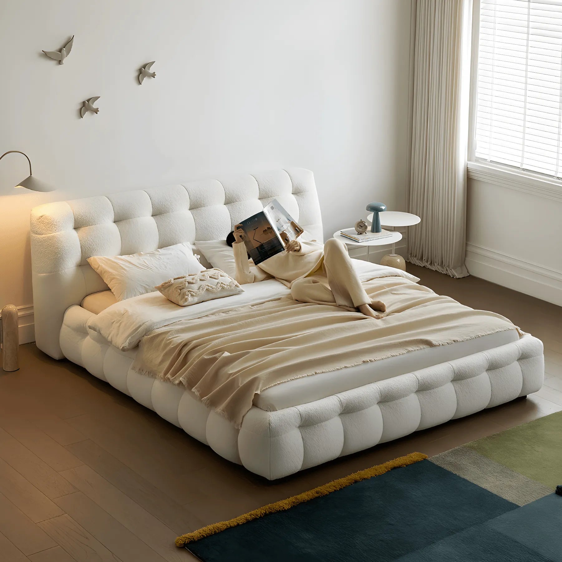 Cream Boucle Bed with Inset Mattress and Rounded Channel Tufting