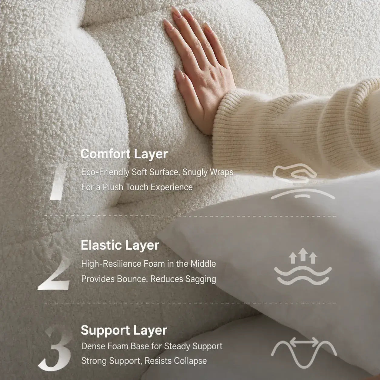 Cream Boucle Bed with Inset Mattress and Rounded Channel Tufting