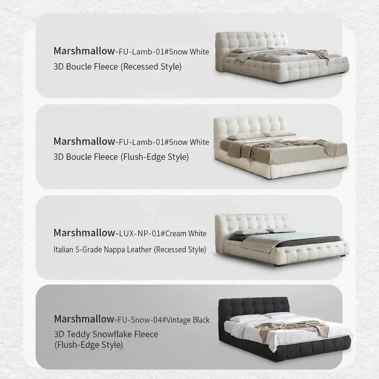 Cream Boucle Bed with Inset Mattress and Rounded Channel Tufting