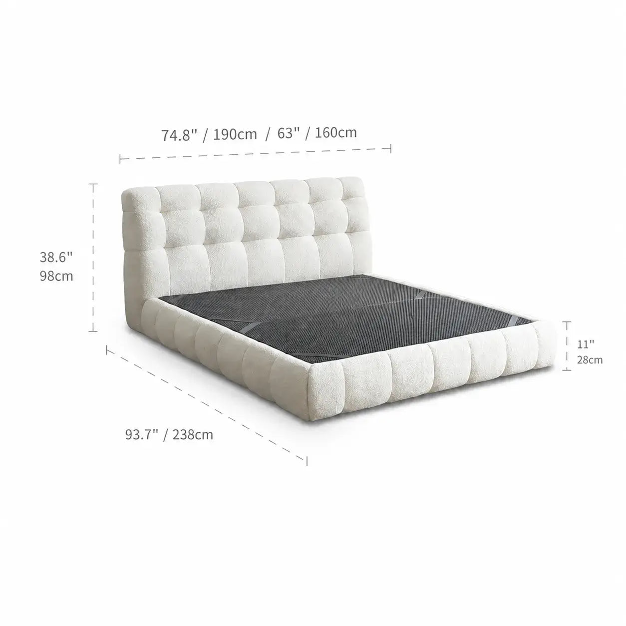Cream Boucle Bed with Inset Mattress and Rounded Channel Tufting Dimensions