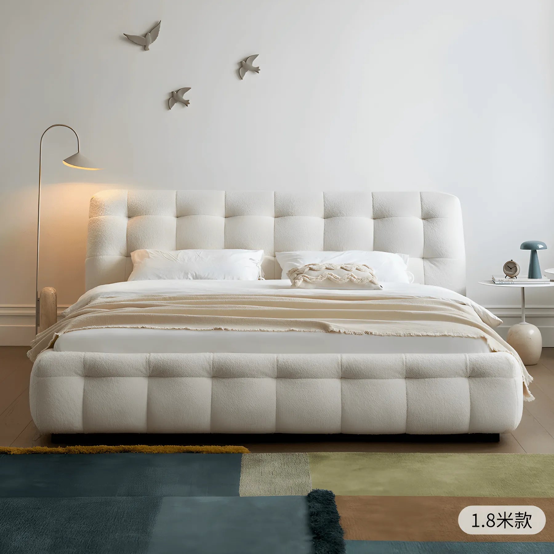 Cream Boucle Bed with Inset Mattress and Rounded Channel Tufting Main Product Image