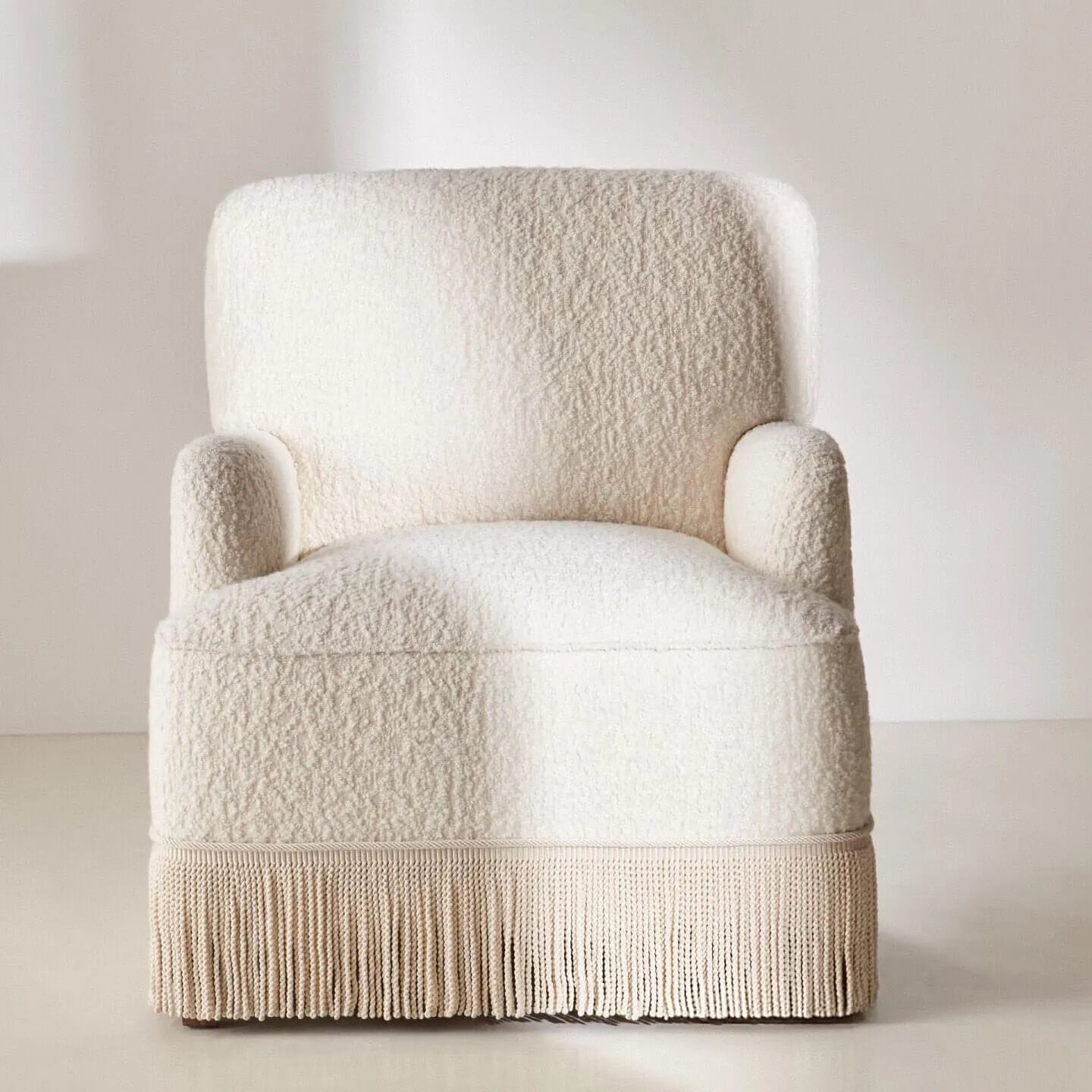 Cream Boucle Fringe Chair with Sculpted Arms for Boutique Corners Main Product Image Main image