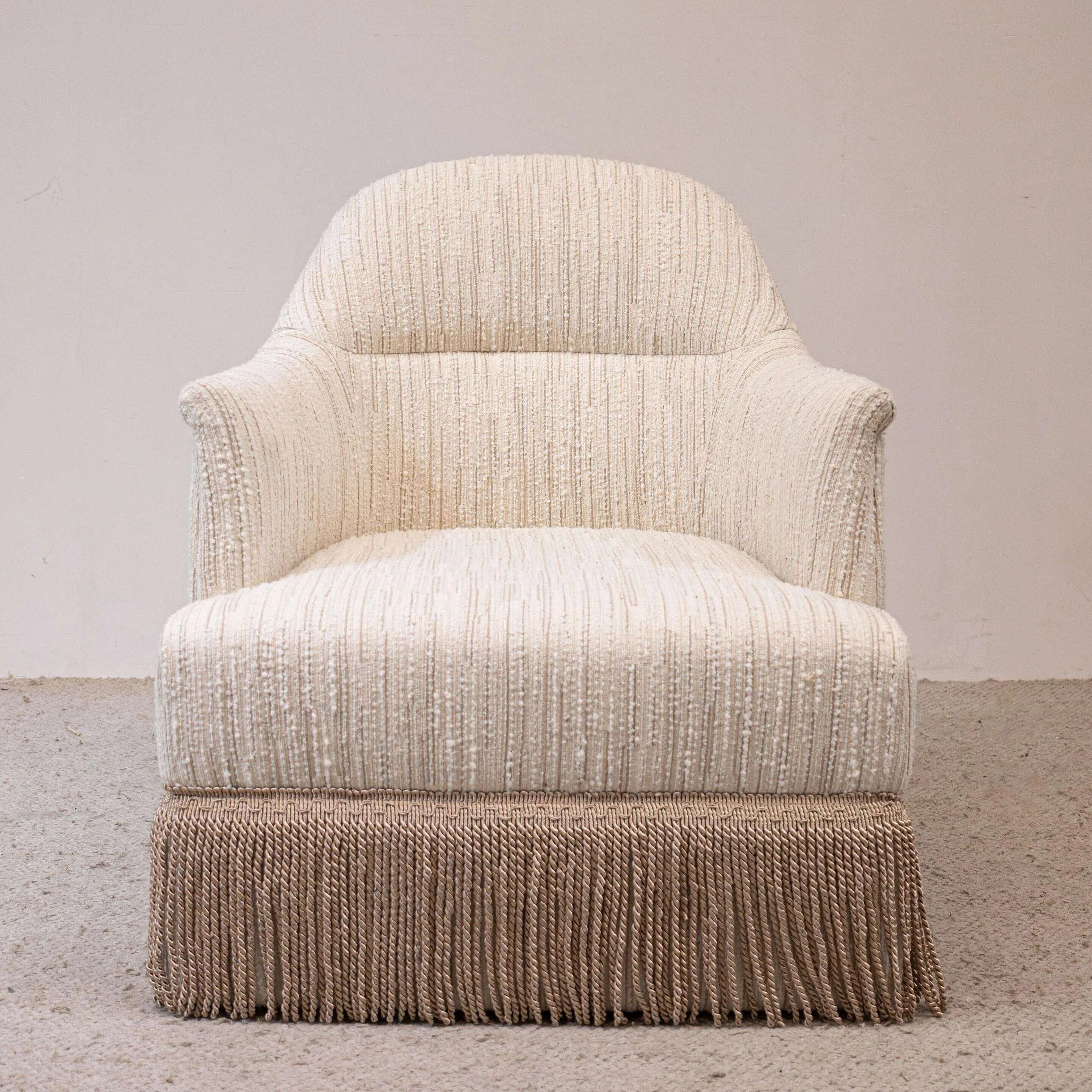 Cream Boucle Fringe Chair with Sculpted Curves for Bedroom Lounge