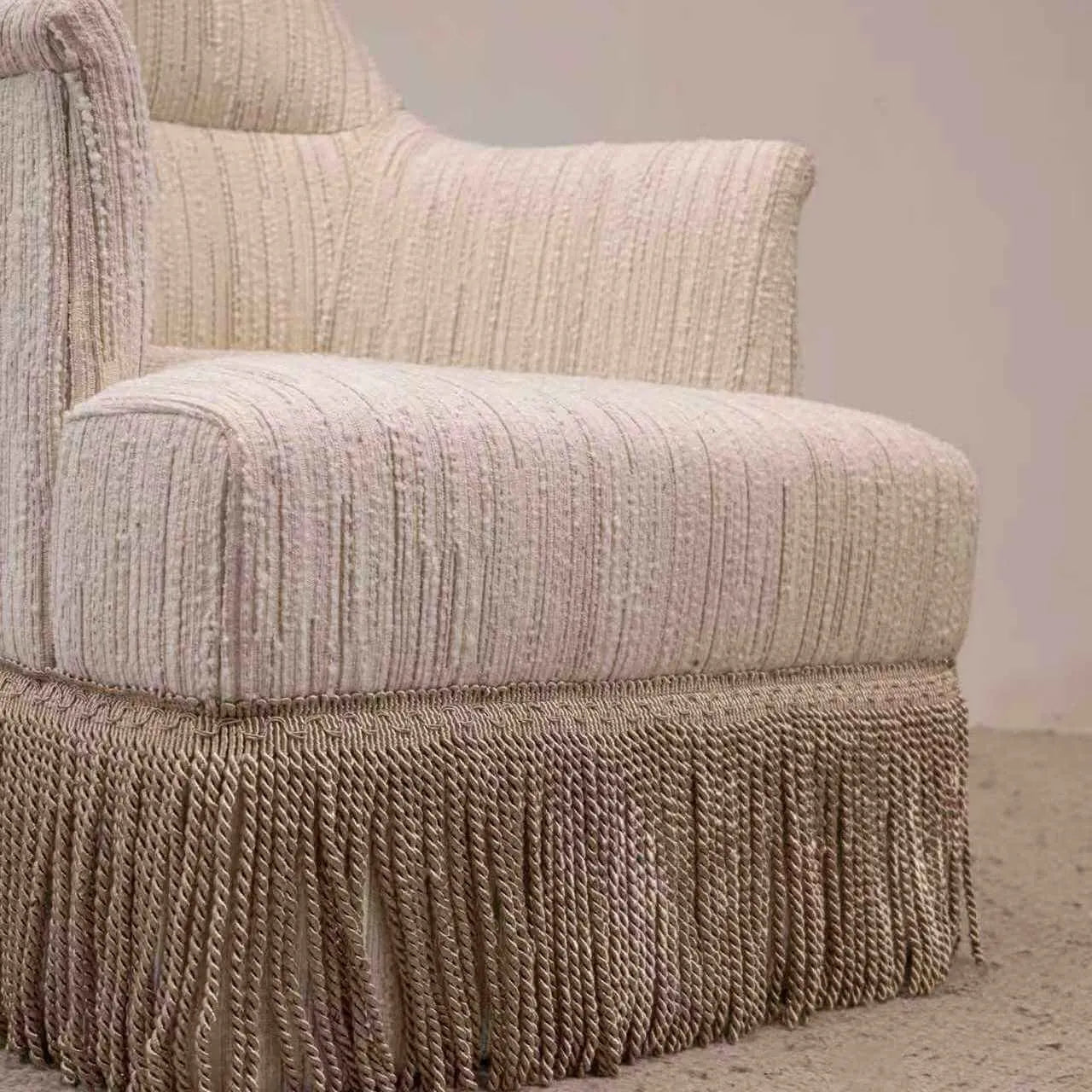 Cream Boucle Fringe Chair with Sculpted Curves for Bedroom Lounge