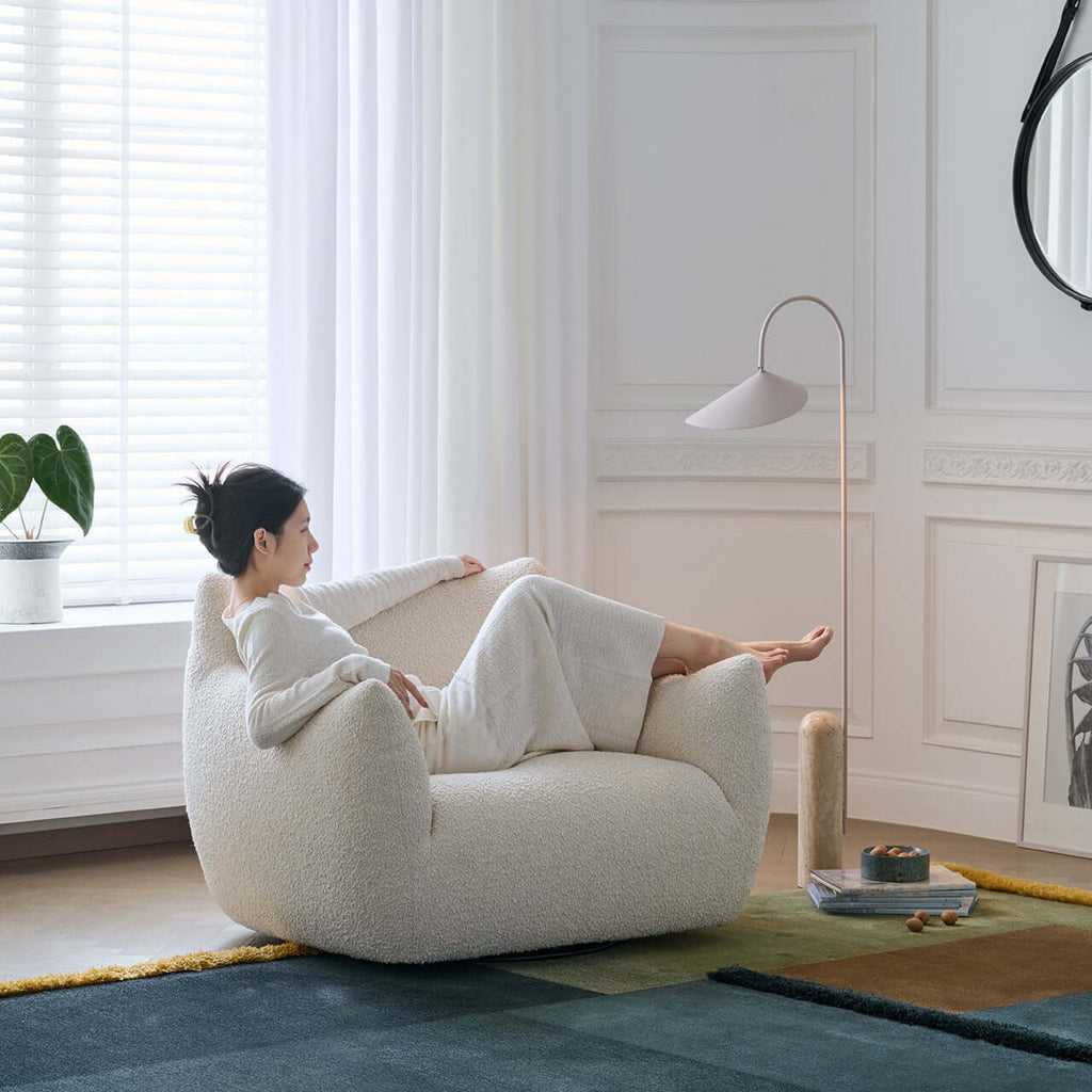 Cream Boucle Lounge Chair with 360° Swivel Design