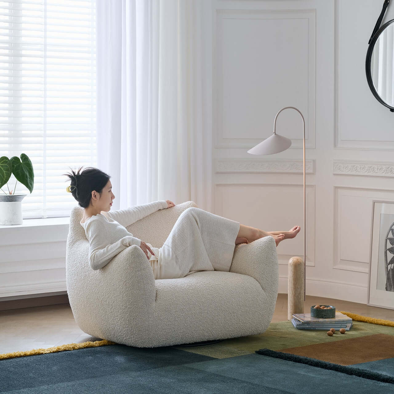 Cream Boucle Lounge Chair with 360° Swivel Design