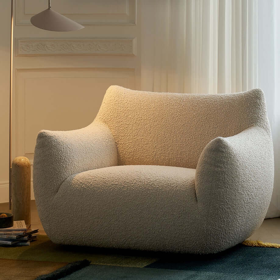 Cream Boucle Lounge Chair with 360° Swivel Design